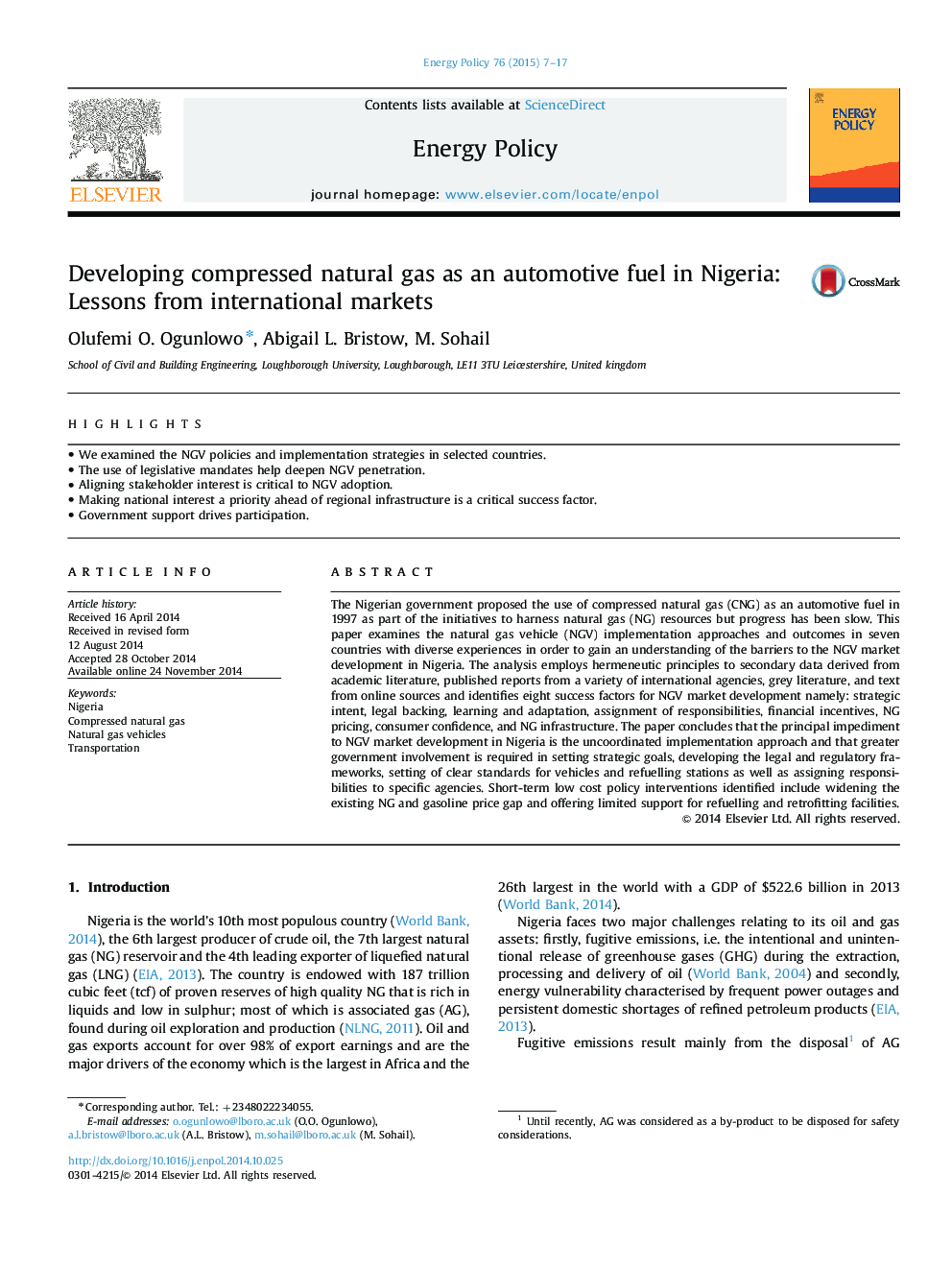 Developing compressed natural gas as an automotive fuel in Nigeria: Lessons from international markets