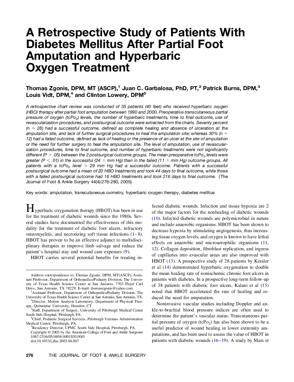 A Retrospective Study of Patients With Diabetes Mellitus After Partial Foot Amputation and Hyperbaric Oxygen Treatment
