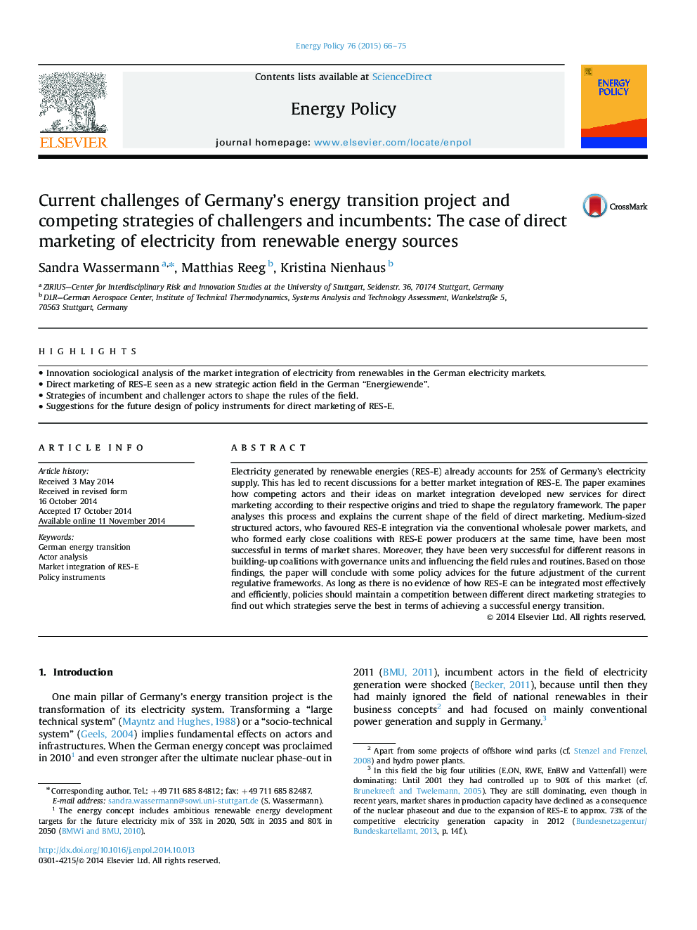 چالش های کنونی پروژه انتقال انرژی آلمان و راهبردهای رقابتی رقبا و شرکت کنندگان: پرونده بازاریابی مستقیم برق از منابع انرژی تجدید پذیر 