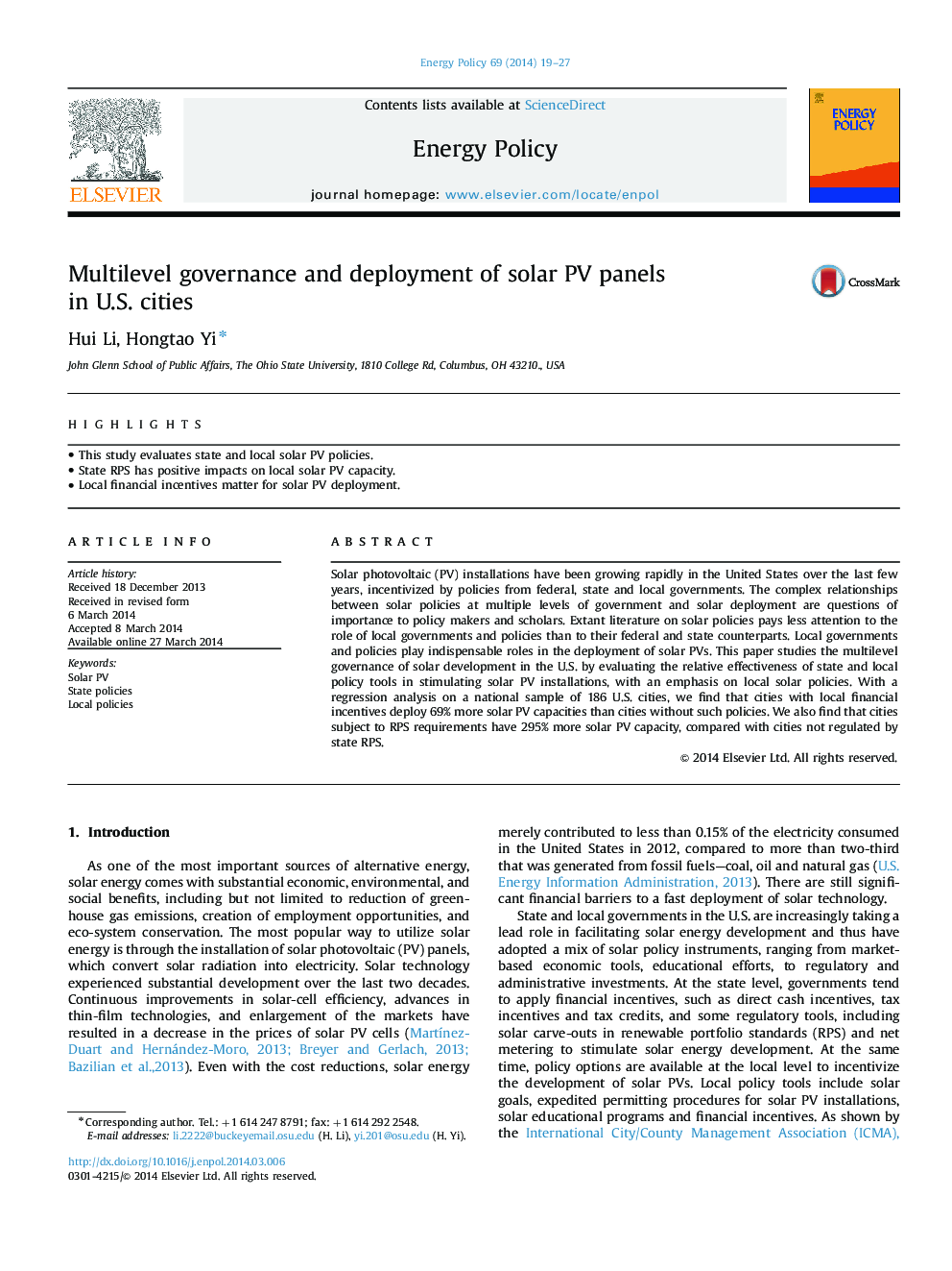 Multilevel governance and deployment of solar PV panels in U.S. cities