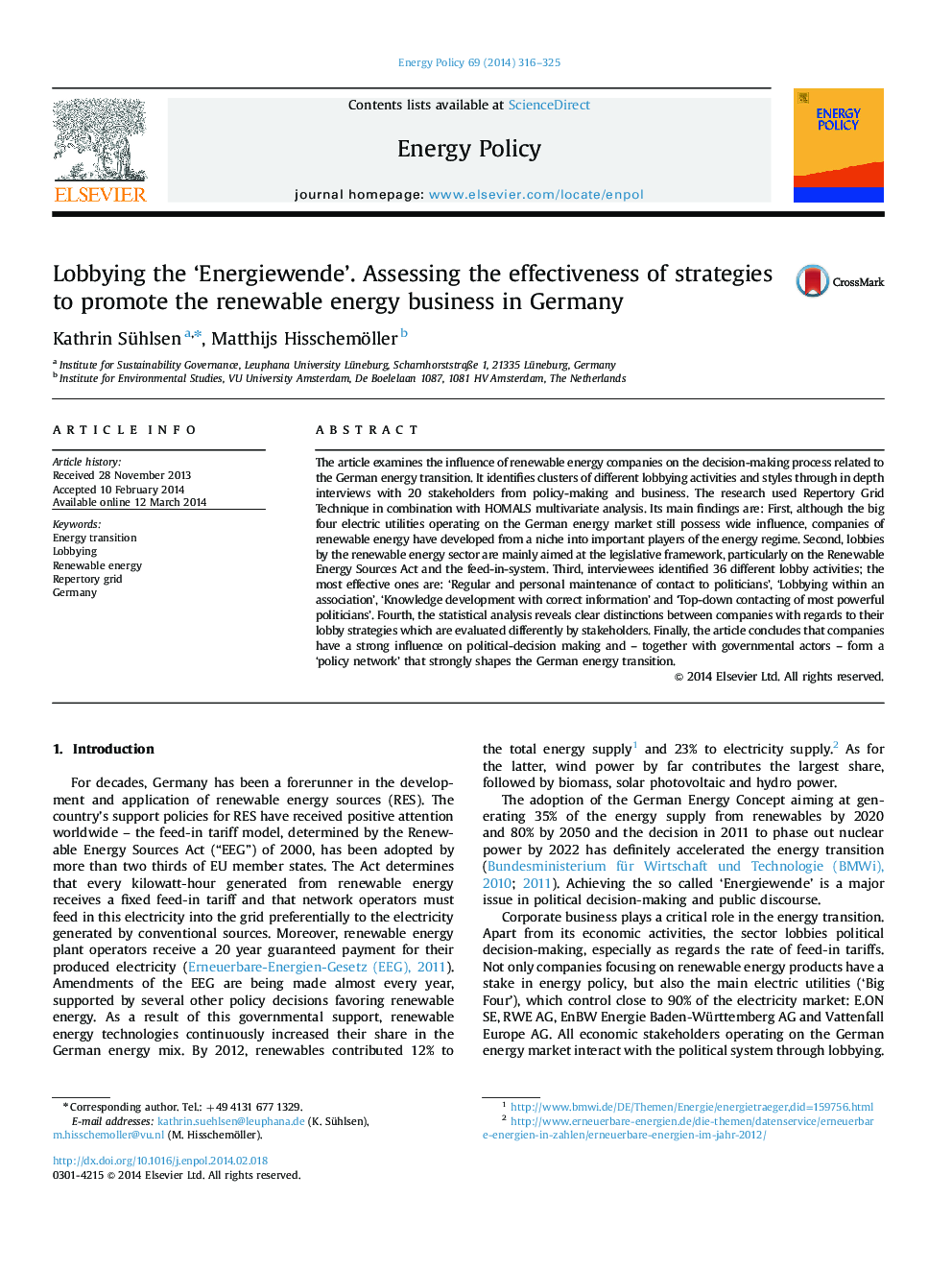 Lobbying the ‘Energiewende’. Assessing the effectiveness of strategies to promote the renewable energy business in Germany