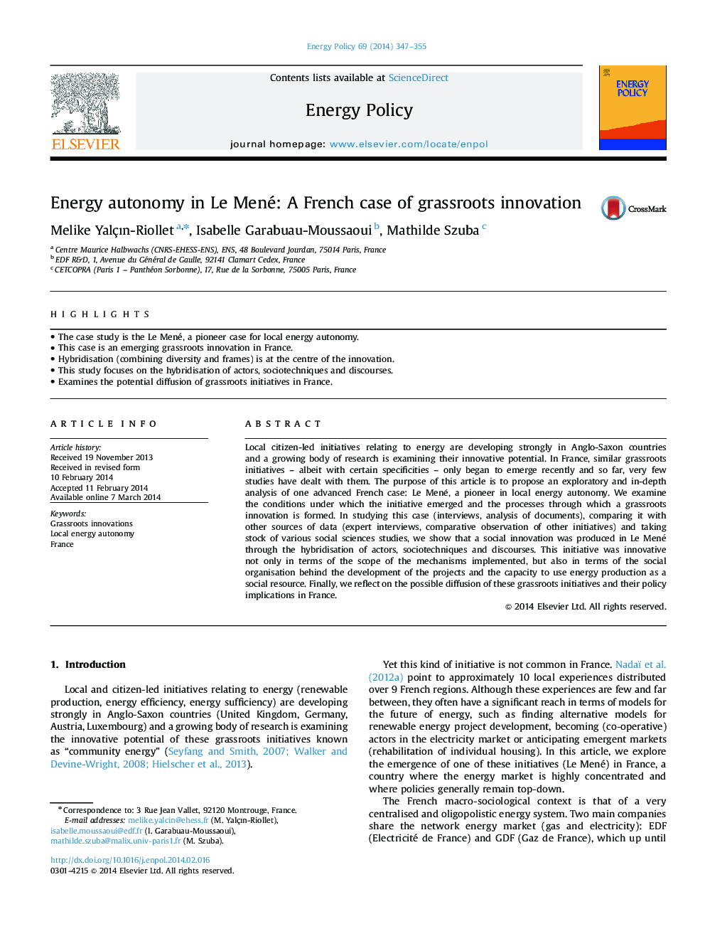 Energy autonomy in Le Mené: A French case of grassroots innovation