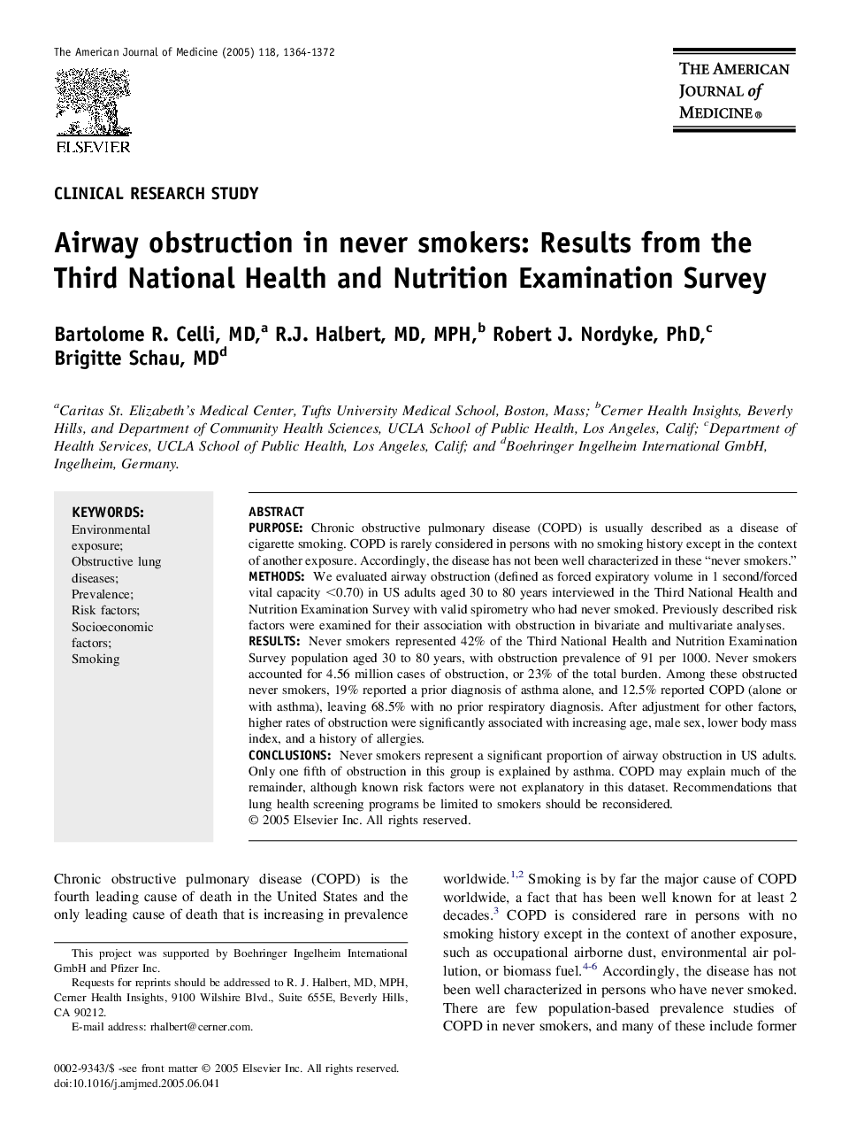 Airway obstruction in never smokers: Results from the Third National Health and Nutrition Examination Survey