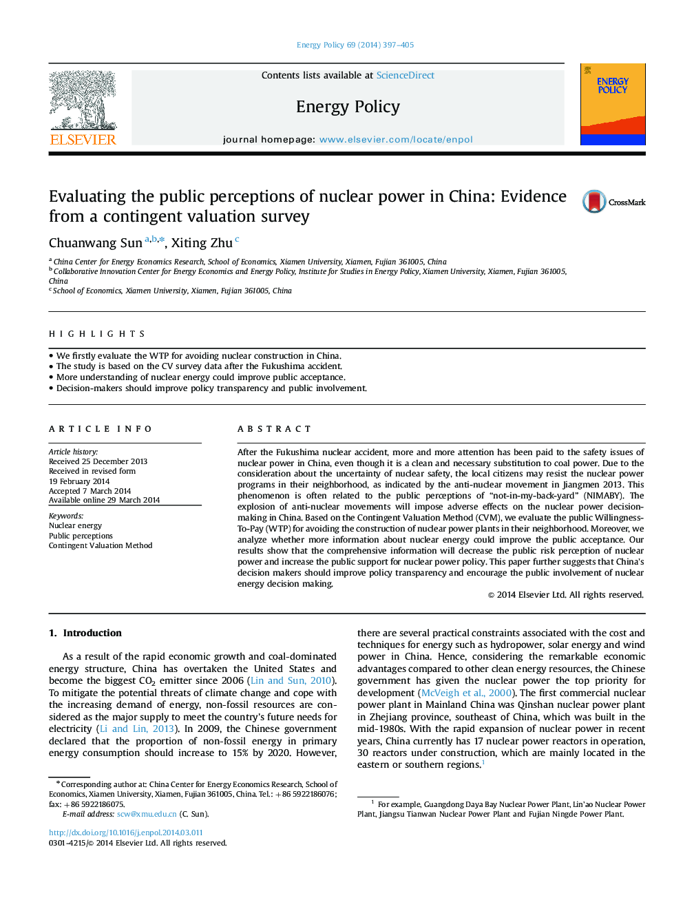 Evaluating the public perceptions of nuclear power in China: Evidence from a contingent valuation survey