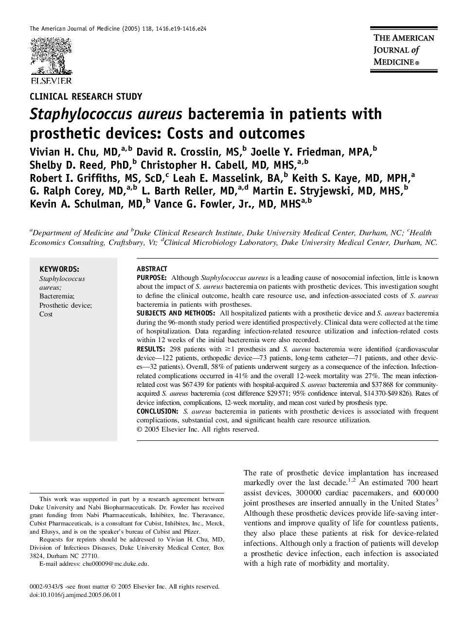 Staphylococcus aureus bacteremia in patients with prosthetic devices: Costs and outcomes