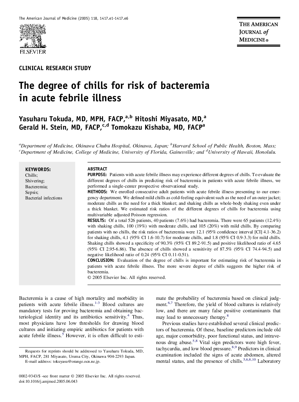 The degree of chills for risk of bacteremia in acute febrile illness