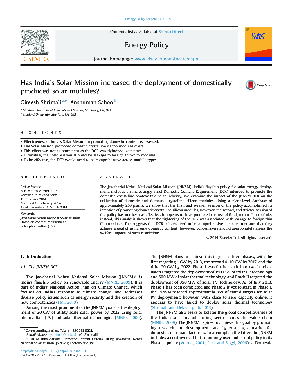 Has India׳s Solar Mission increased the deployment of domestically produced solar modules?