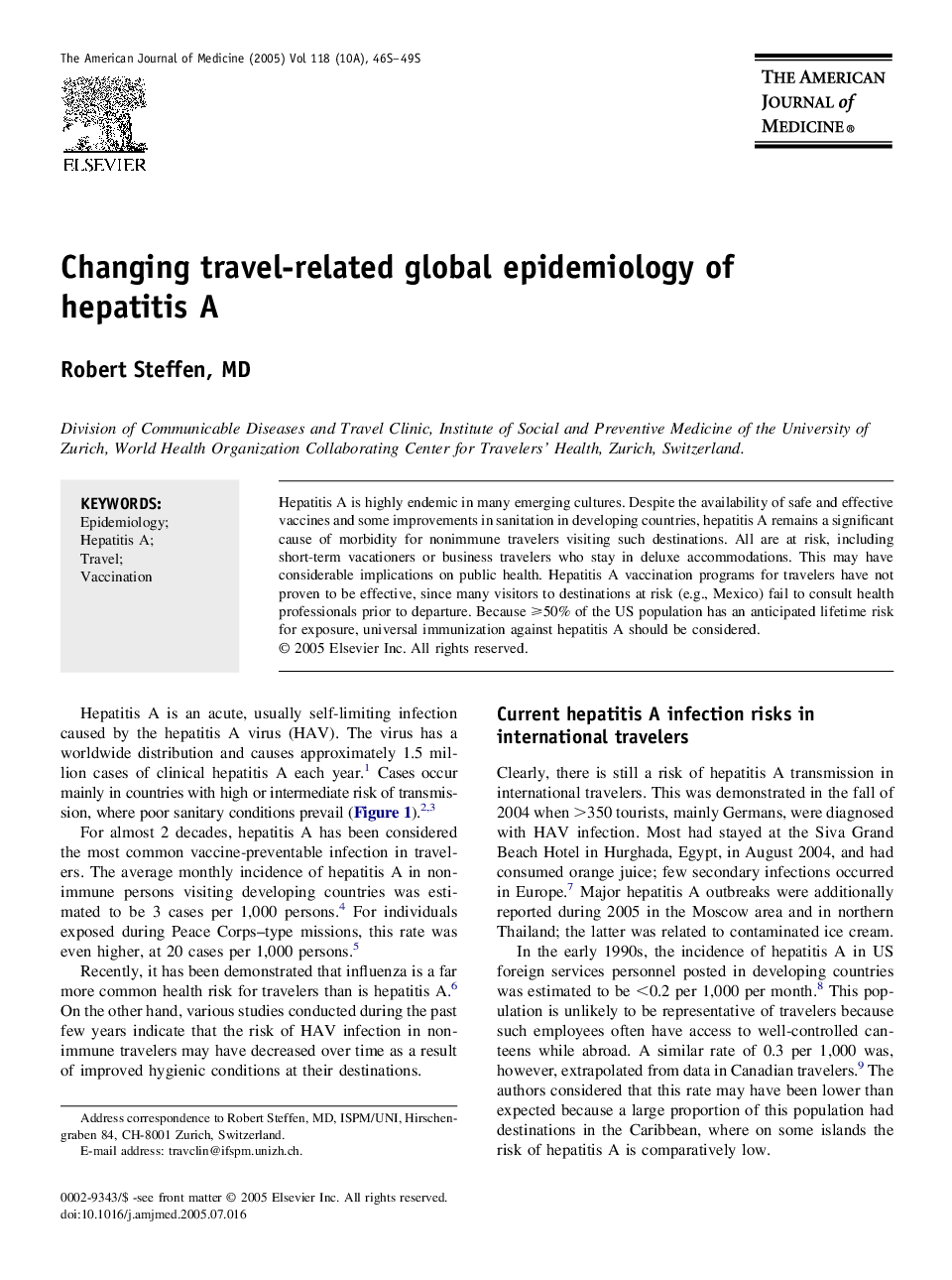 Changing travel-related global epidemiology of hepatitis A