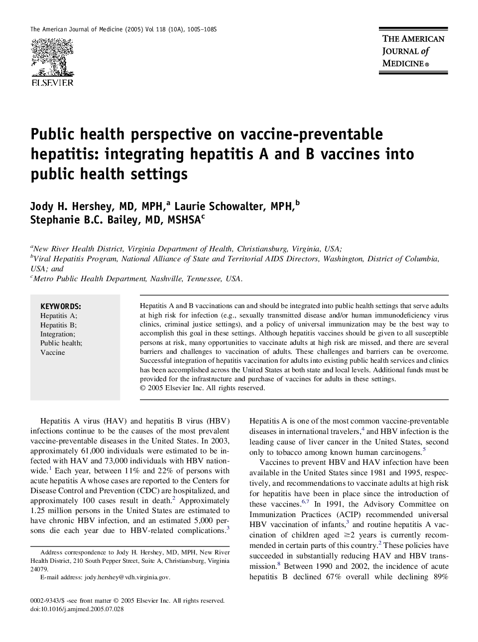 Public health perspective on vaccine-preventable hepatitis: Integrating hepatitis A and B vaccines into public health settings