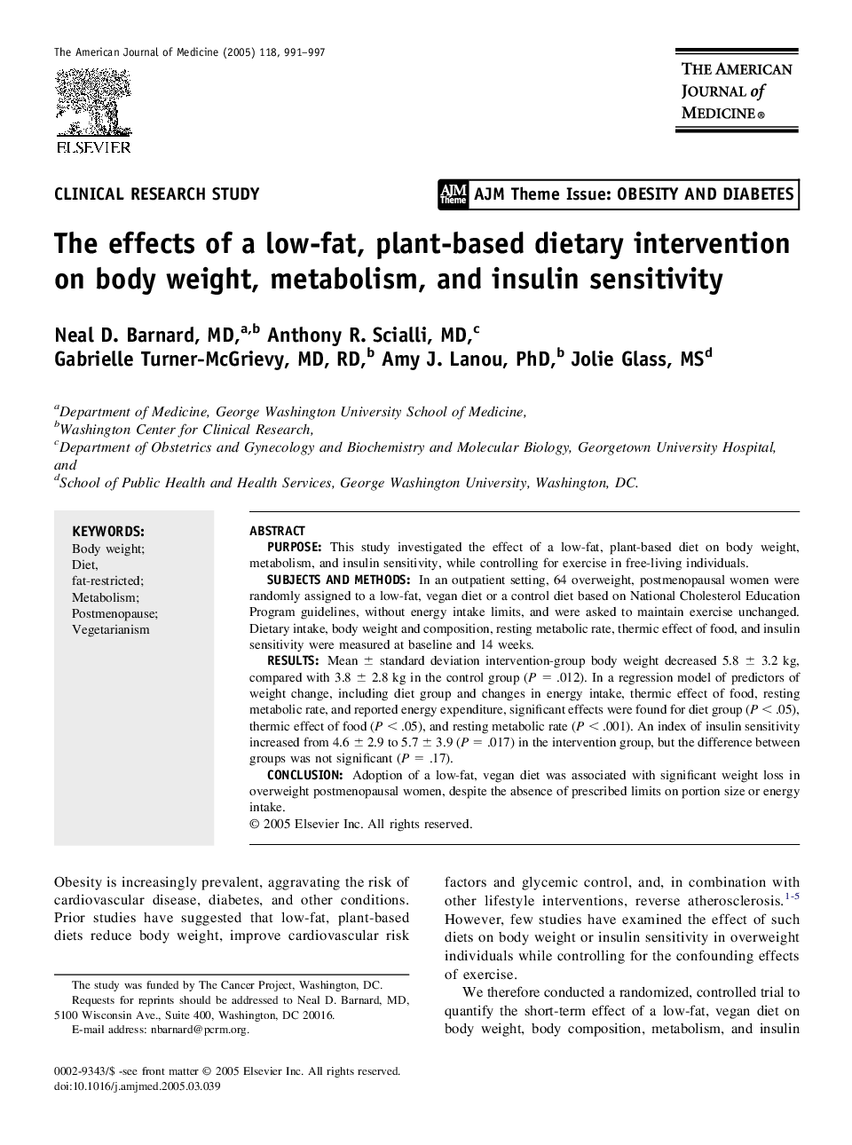 The effects of a low-fat, plant-based dietary intervention on body weight, metabolism, and insulin sensitivity