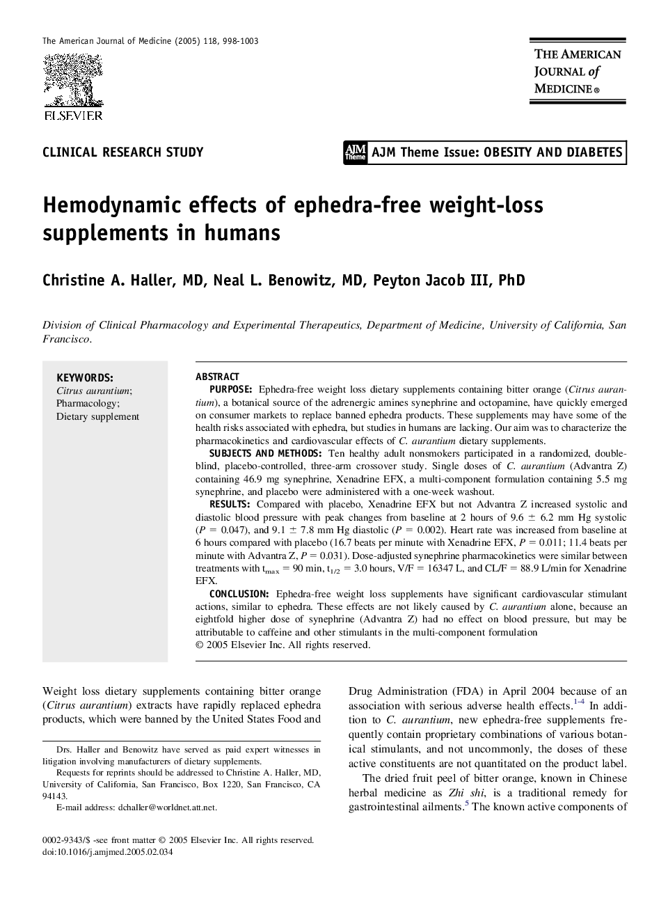 Hemodynamic effects of ephedra-free weight-loss supplements in humans