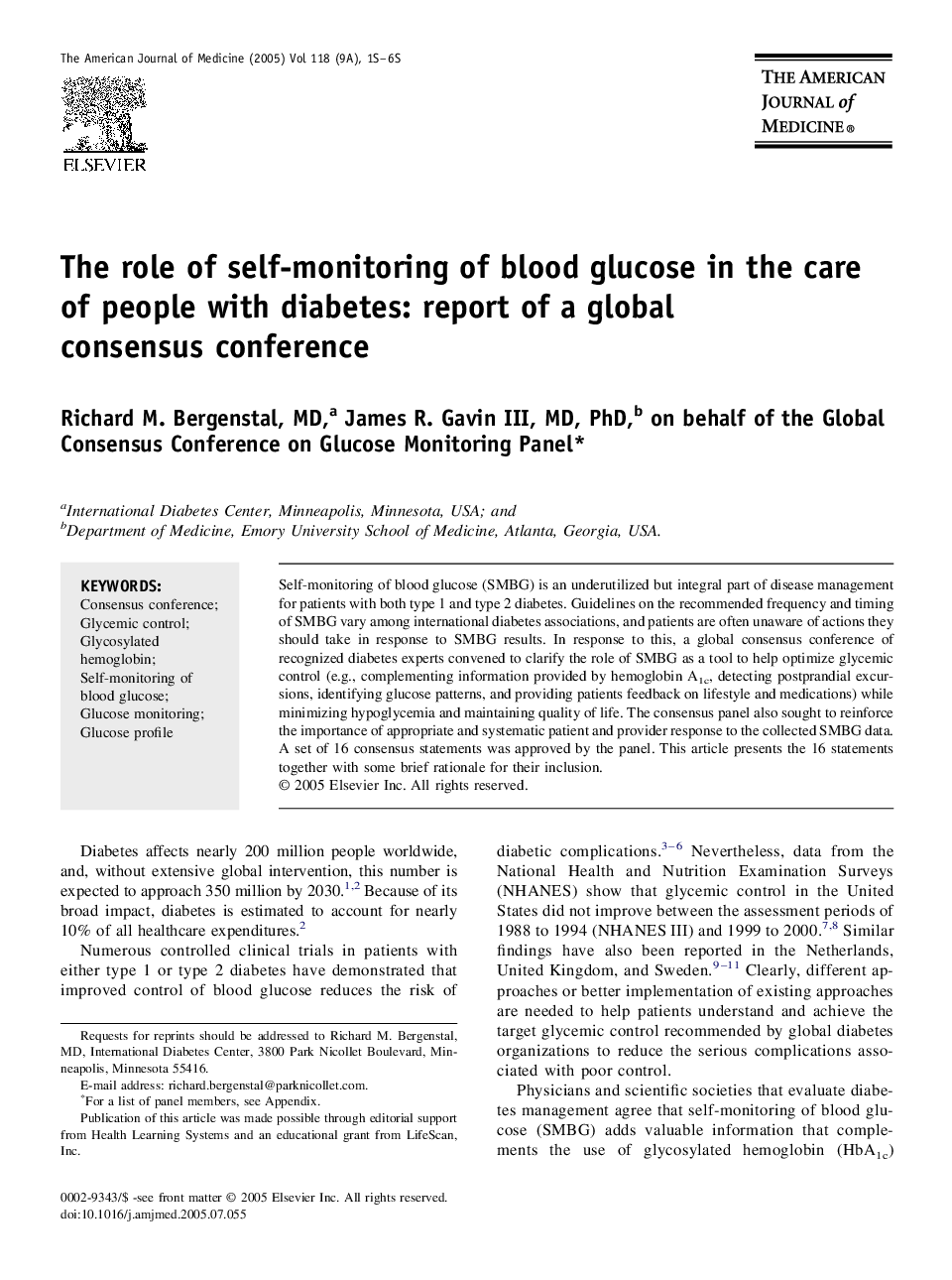 The role of self-monitoring of blood glucose in the care of people with diabetes: report of a global consensus conference
