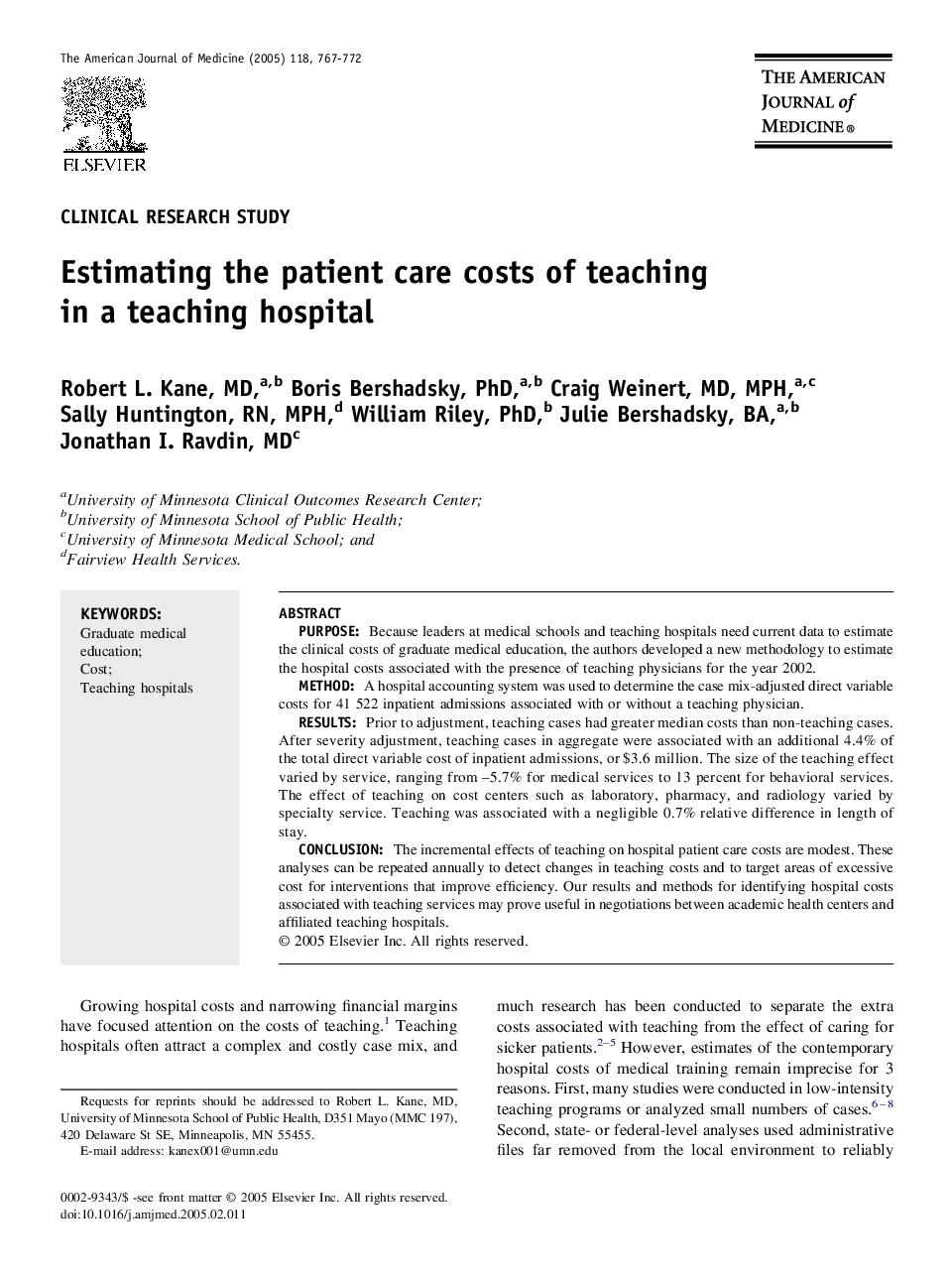 Estimating the patient care costs of teaching in a teaching hospital