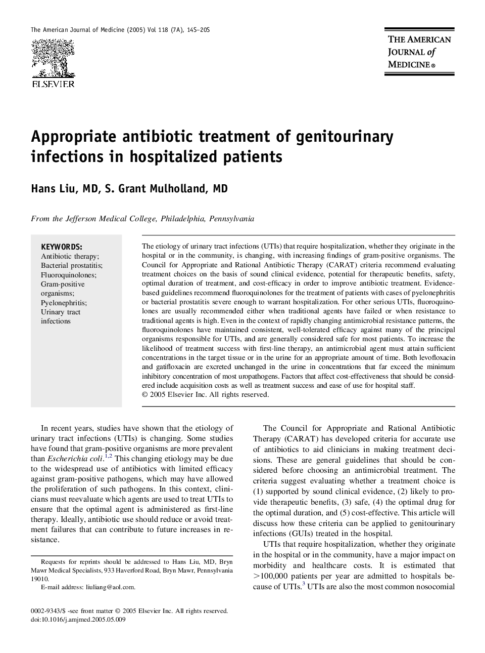 Appropriate antibiotic treatment of genitourinary infections in hospitalized patients