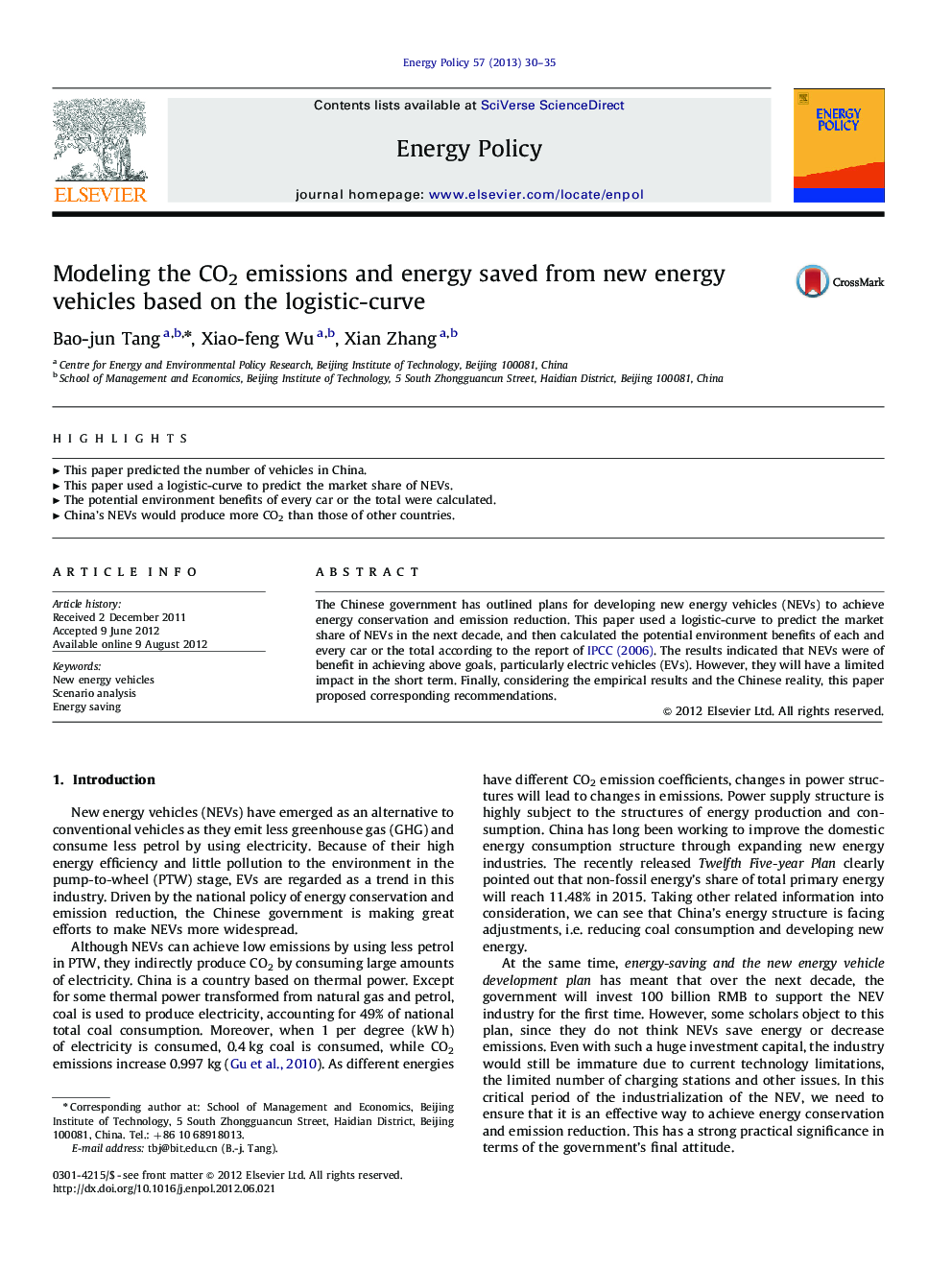 Modeling the CO2 emissions and energy saved from new energy vehicles based on the logistic-curve