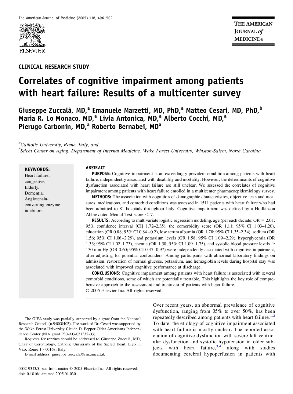 Correlates of cognitive impairment among patients with heart failure: Results of a multicenter survey