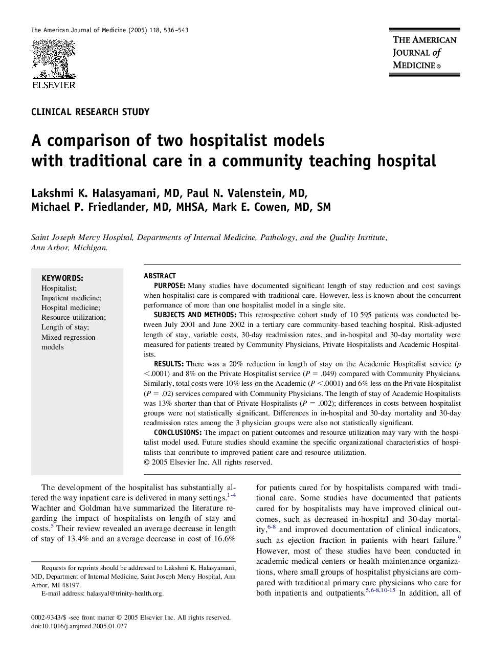 A comparison of two hospitalist models with traditional care in a community teaching hospital