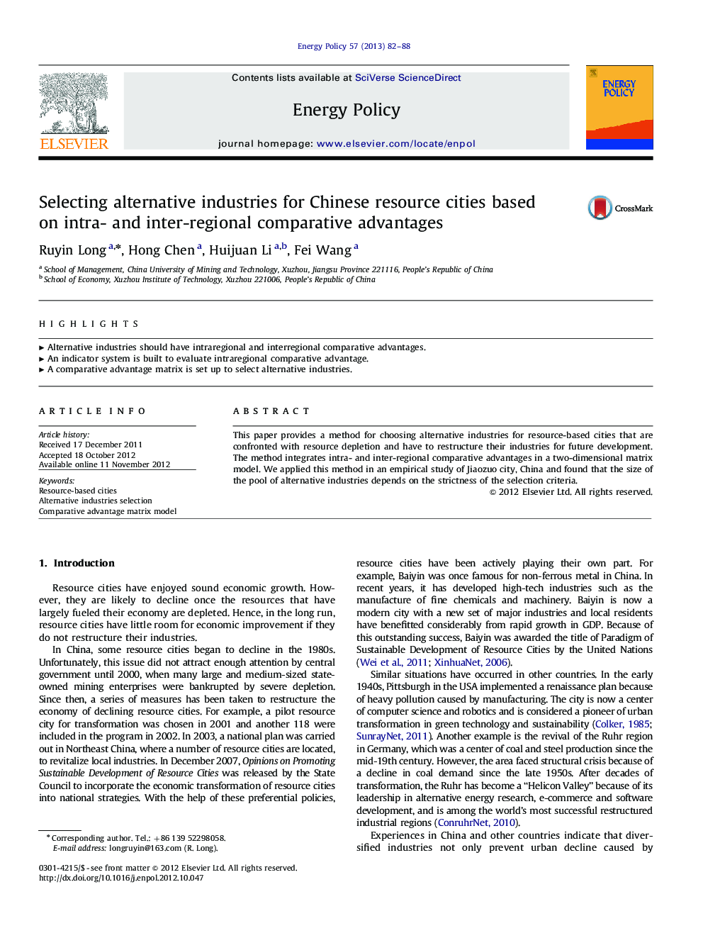 Selecting alternative industries for Chinese resource cities based on intra- and inter-regional comparative advantages