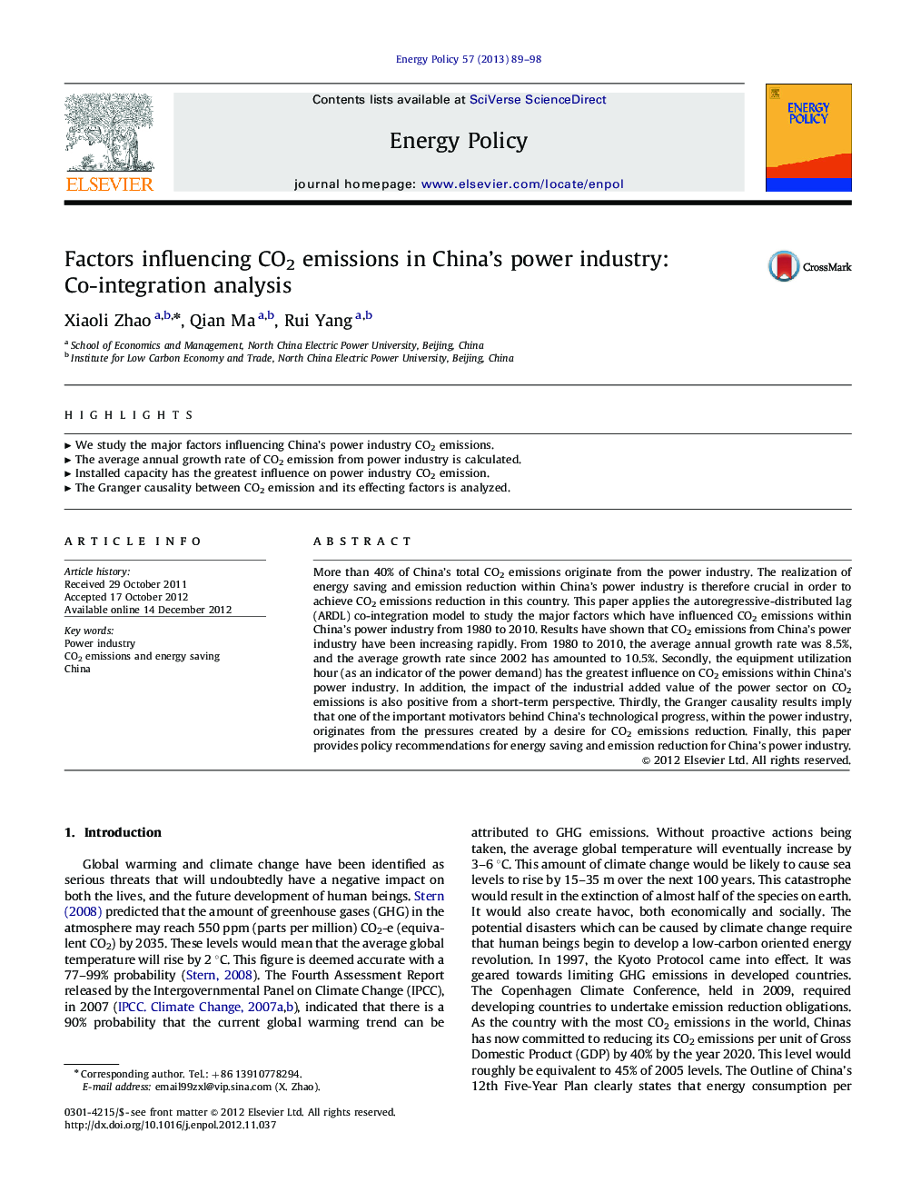Factors influencing CO2 emissions in China's power industry: Co-integration analysis
