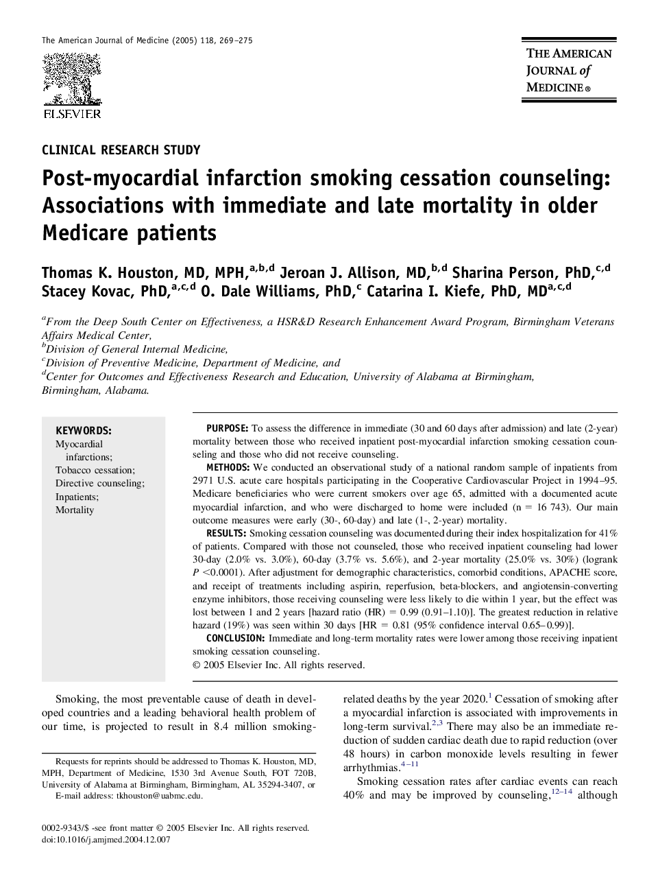 Post-myocardial infarction smoking cessation counseling: Associations with immediate and late mortality in older Medicare patients