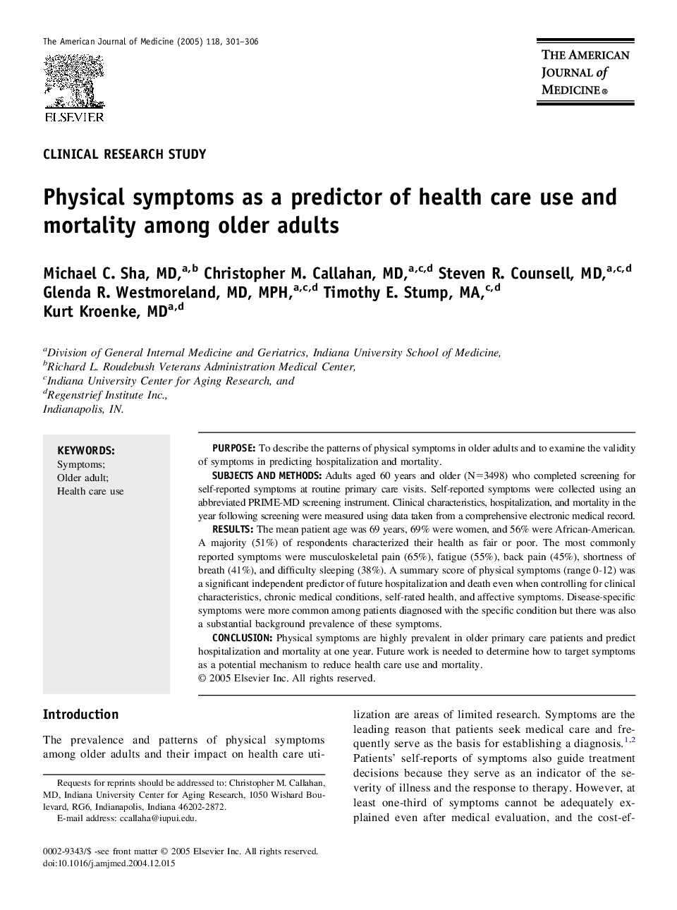 Physical symptoms as a predictor of health care use and mortality among older adults