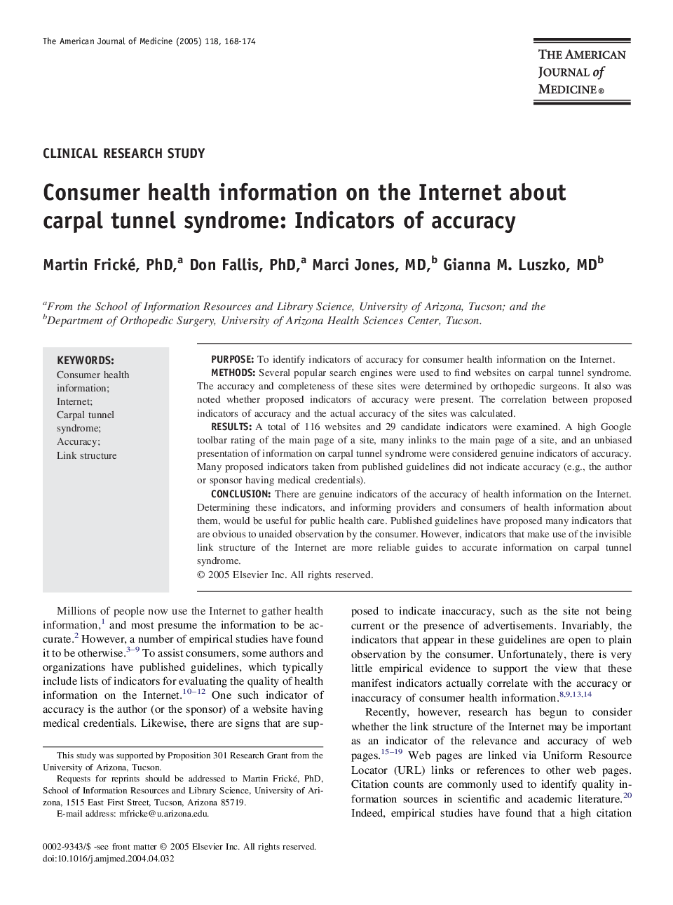 Consumer health information on the Internet about carpal tunnel syndrome: Indicators of accuracy