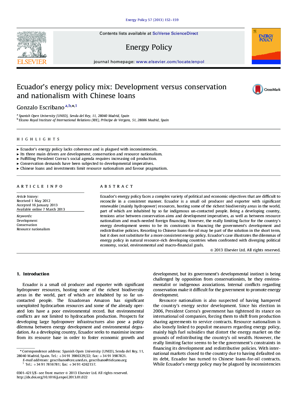 Ecuador's energy policy mix: Development versus conservation and nationalism with Chinese loans
