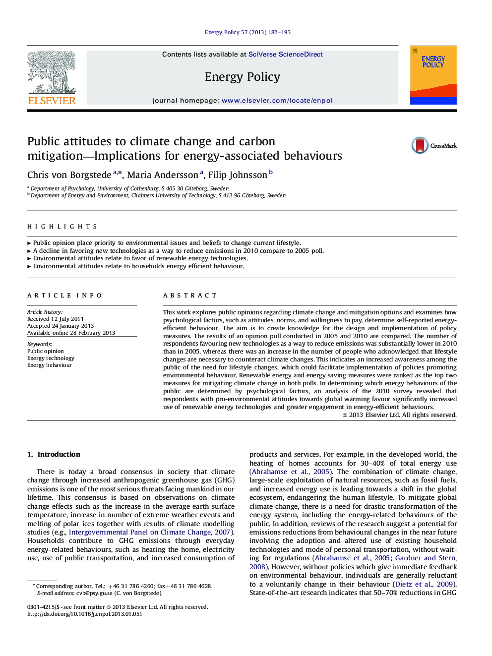 Public attitudes to climate change and carbon mitigation—Implications for energy-associated behaviours