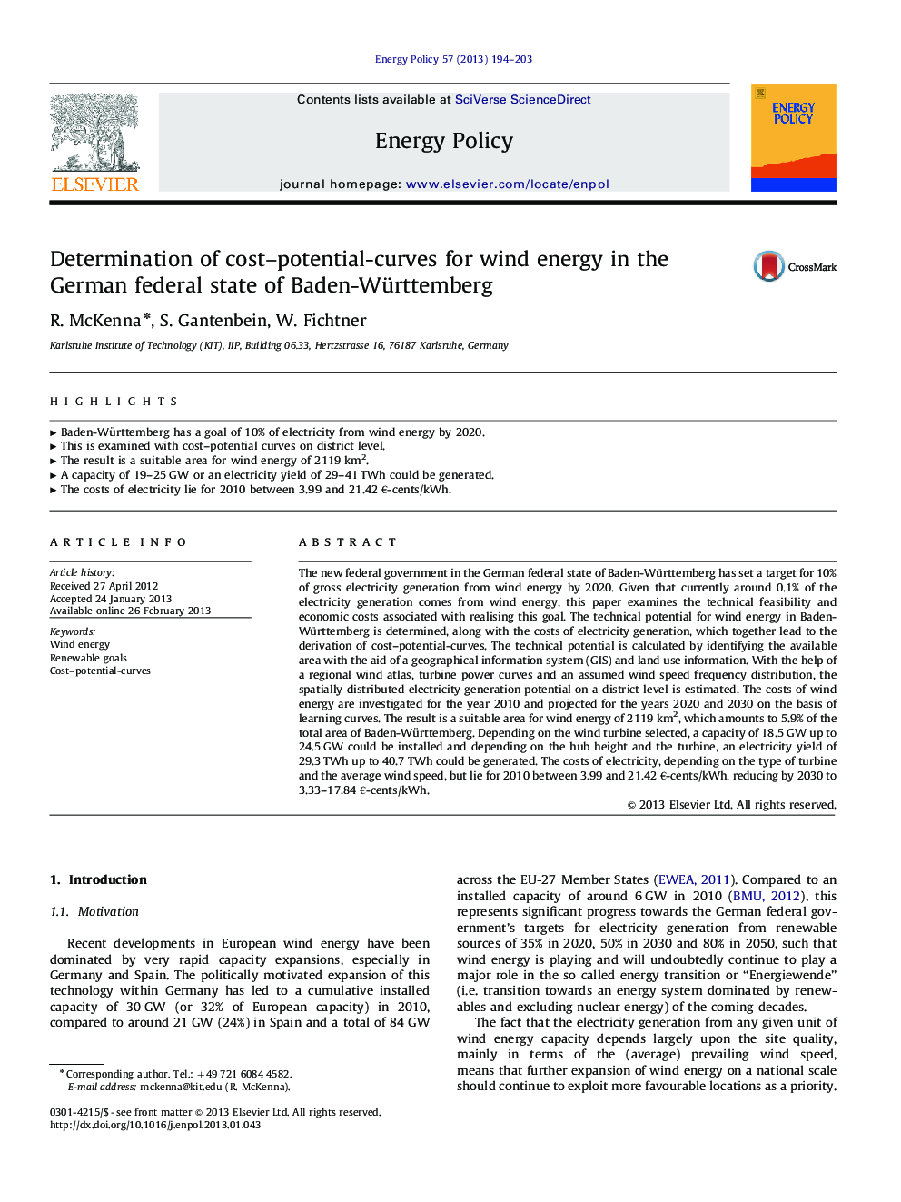 Determination of cost–potential-curves for wind energy in the German federal state of Baden-Württemberg