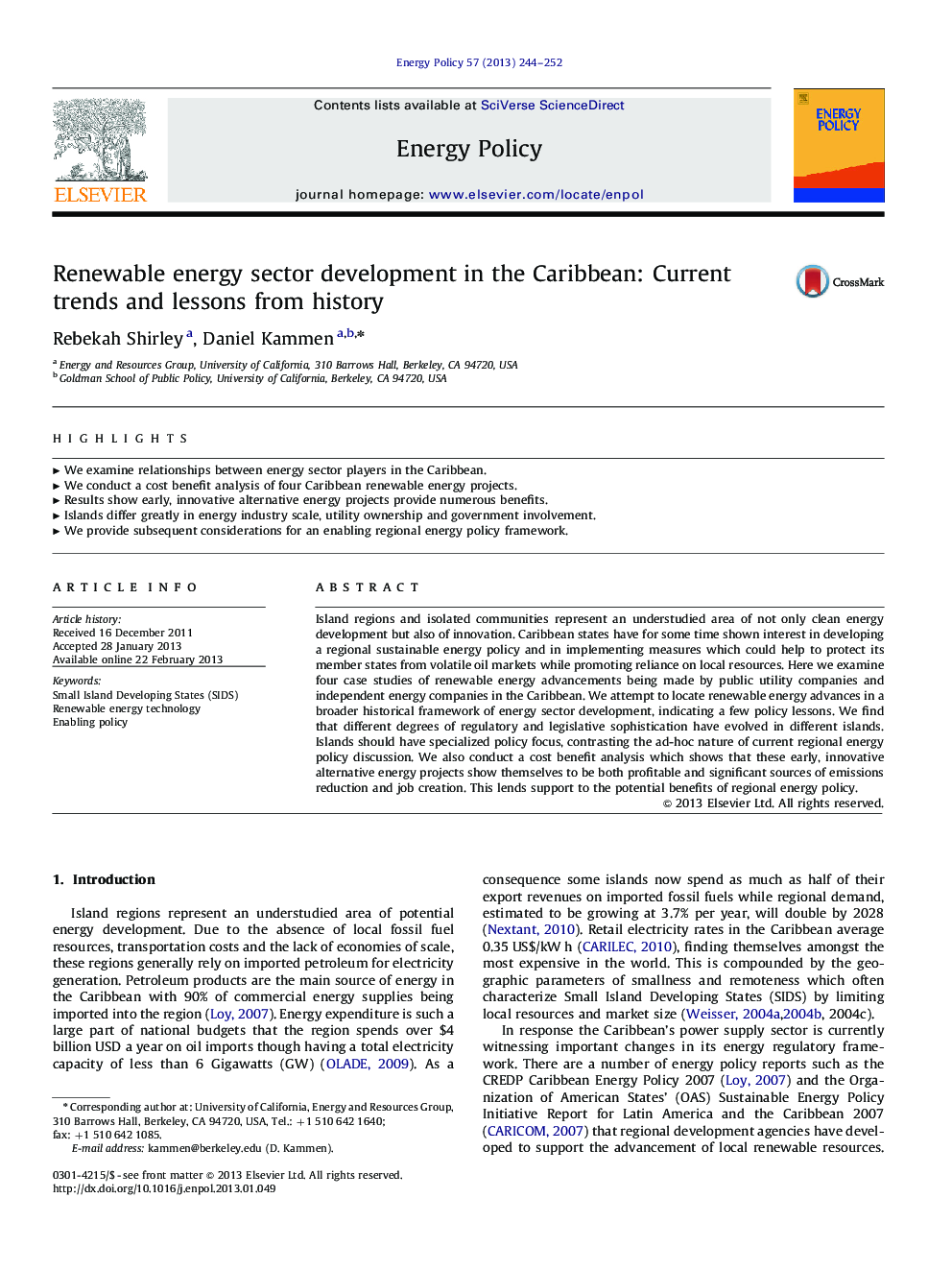 Renewable energy sector development in the Caribbean: Current trends and lessons from history