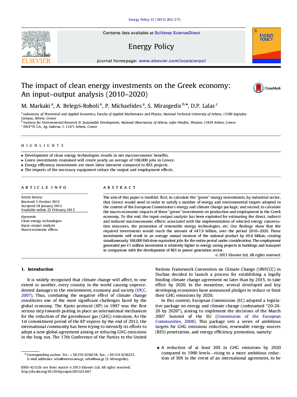 The impact of clean energy investments on the Greek economy: An input–output analysis (2010–2020)