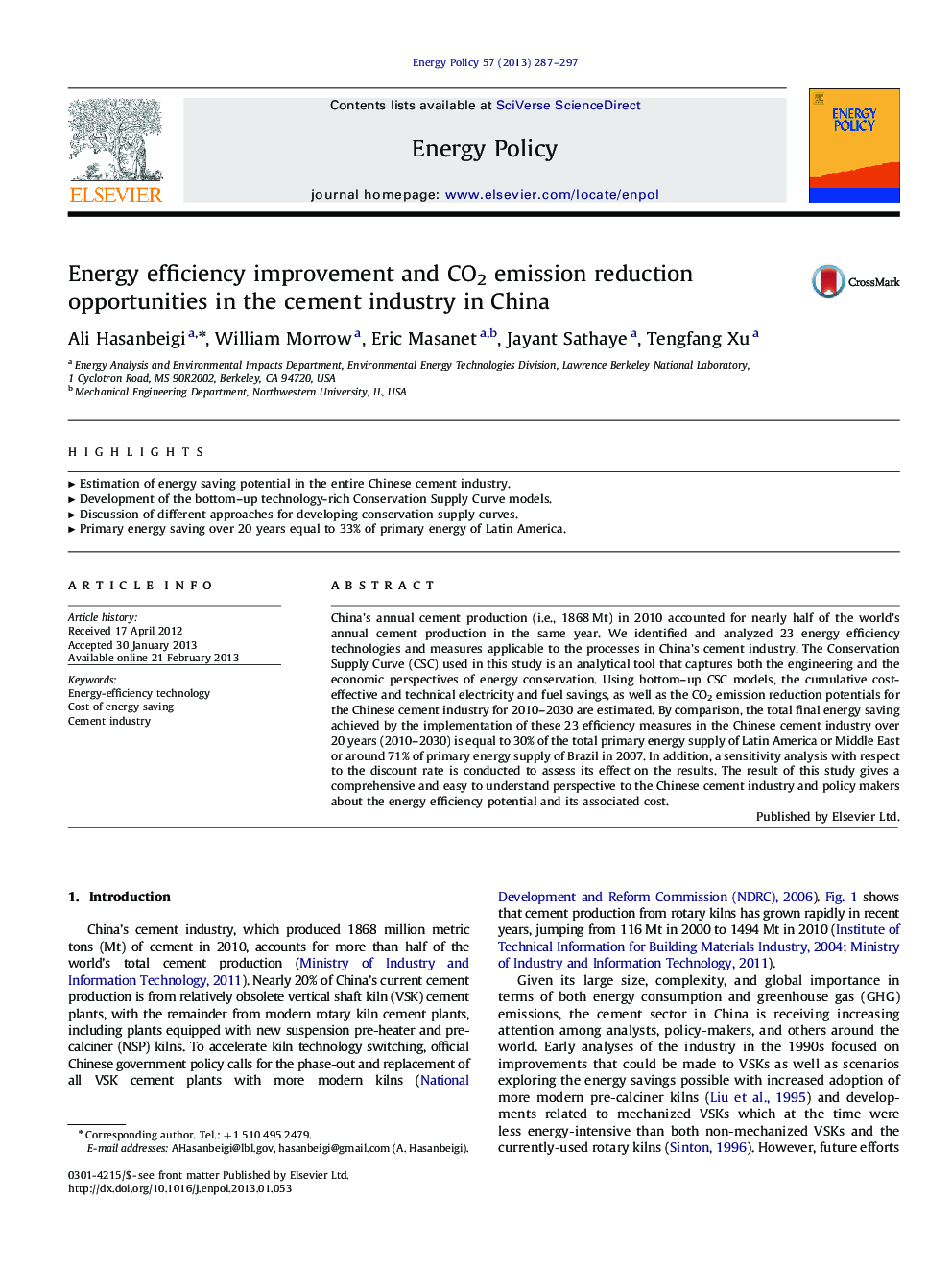 Energy efficiency improvement and CO2 emission reduction opportunities in the cement industry in China