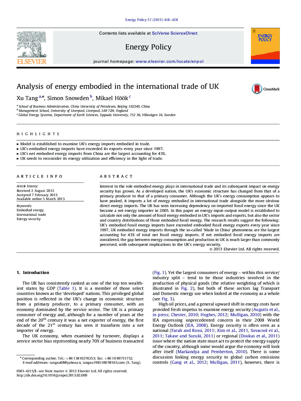 Analysis of energy embodied in the international trade of UK