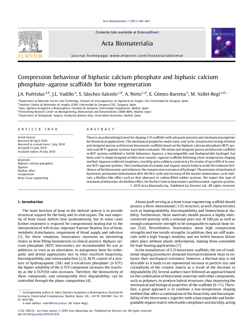 Compression behaviour of biphasic calcium phosphate and biphasic calcium phosphate–agarose scaffolds for bone regeneration