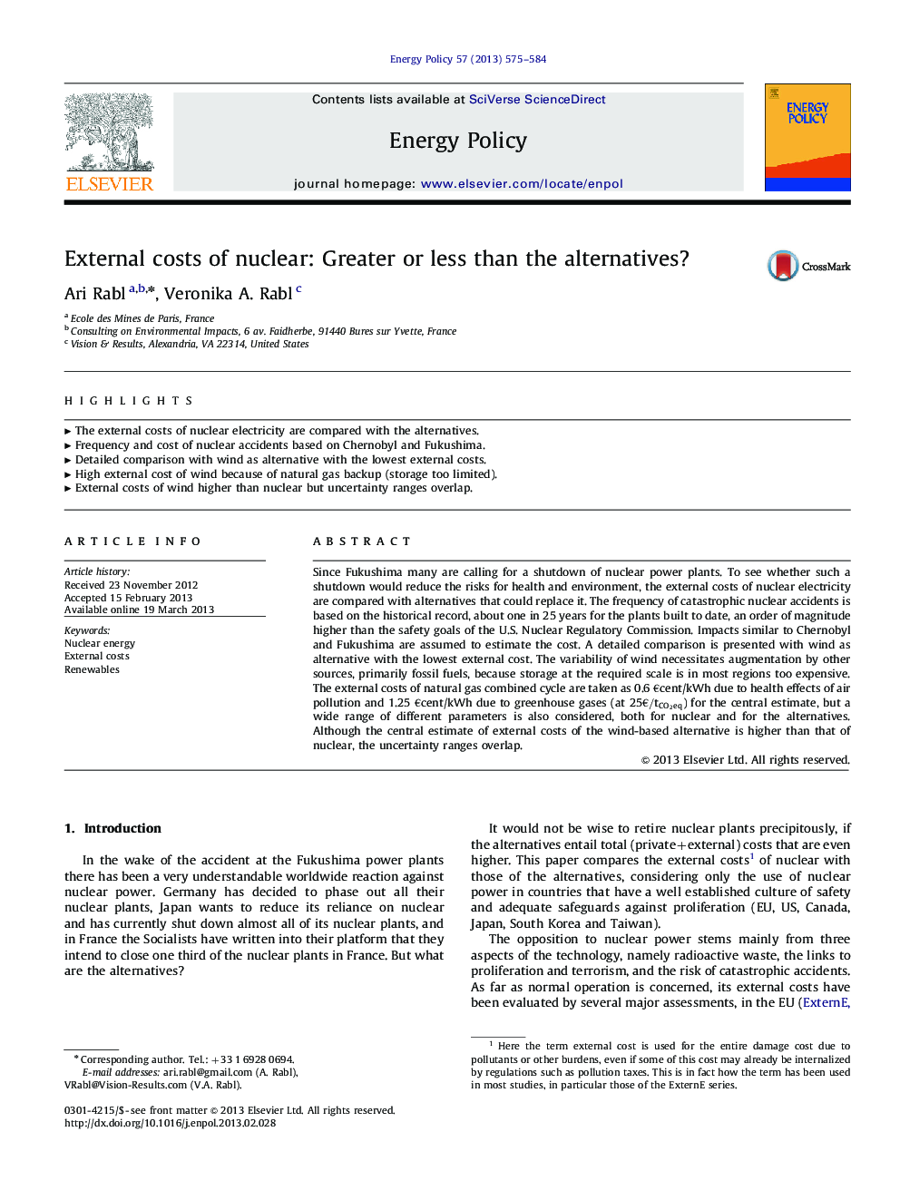 External costs of nuclear: Greater or less than the alternatives?