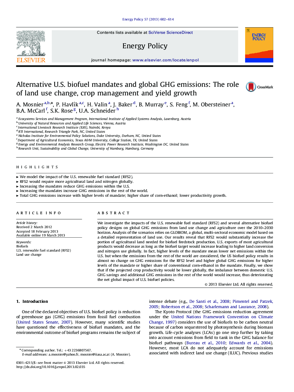 Alternative U.S. biofuel mandates and global GHG emissions: The role of land use change, crop management and yield growth