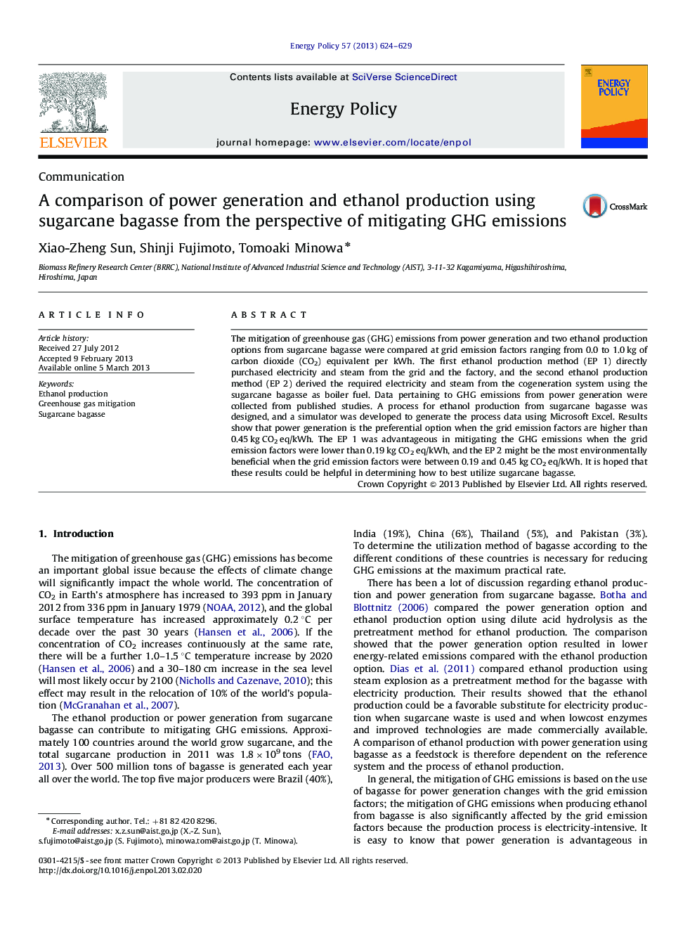 A comparison of power generation and ethanol production using sugarcane bagasse from the perspective of mitigating GHG emissions