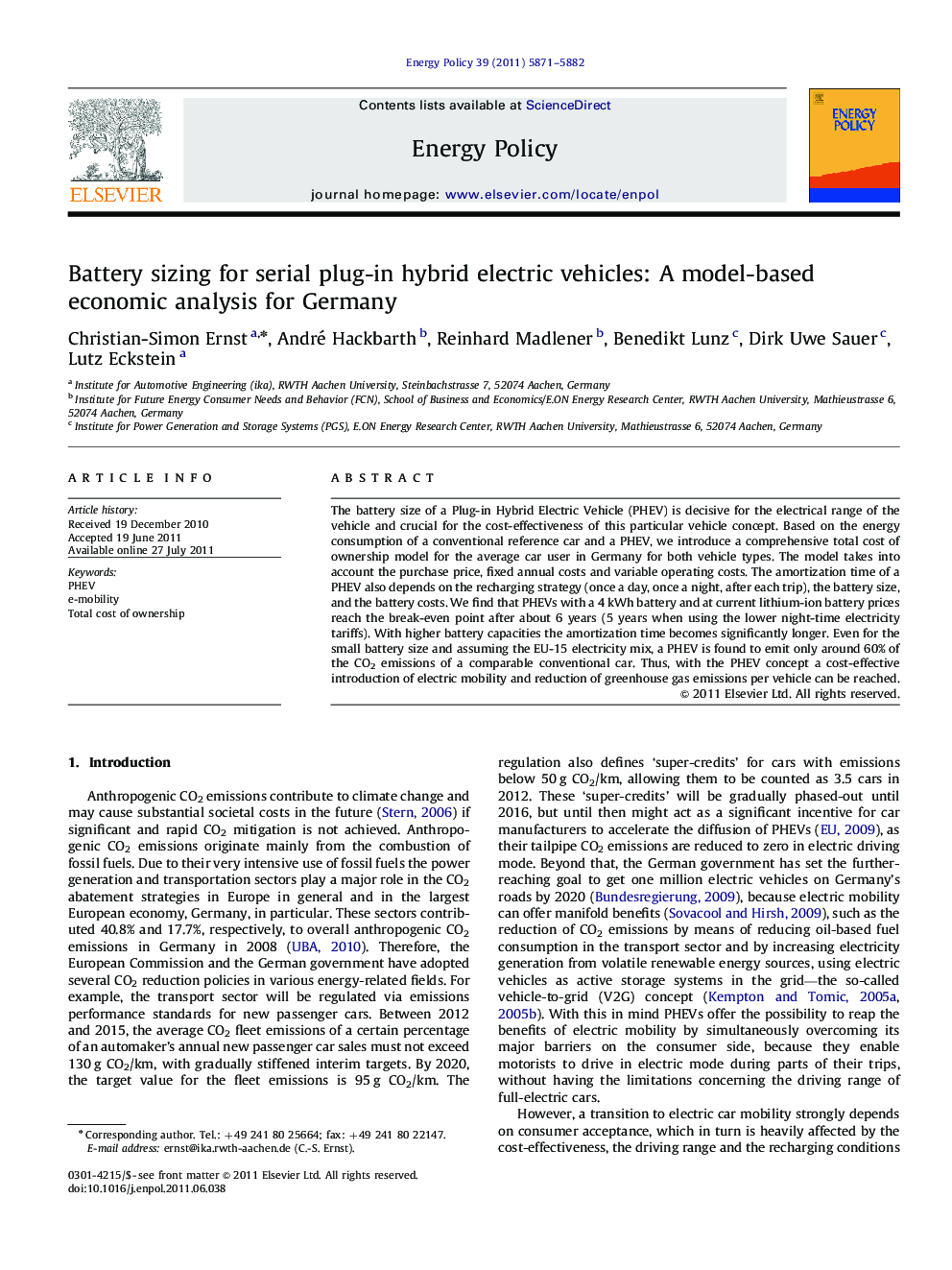 Battery sizing for serial plug-in hybrid electric vehicles: A model-based economic analysis for Germany