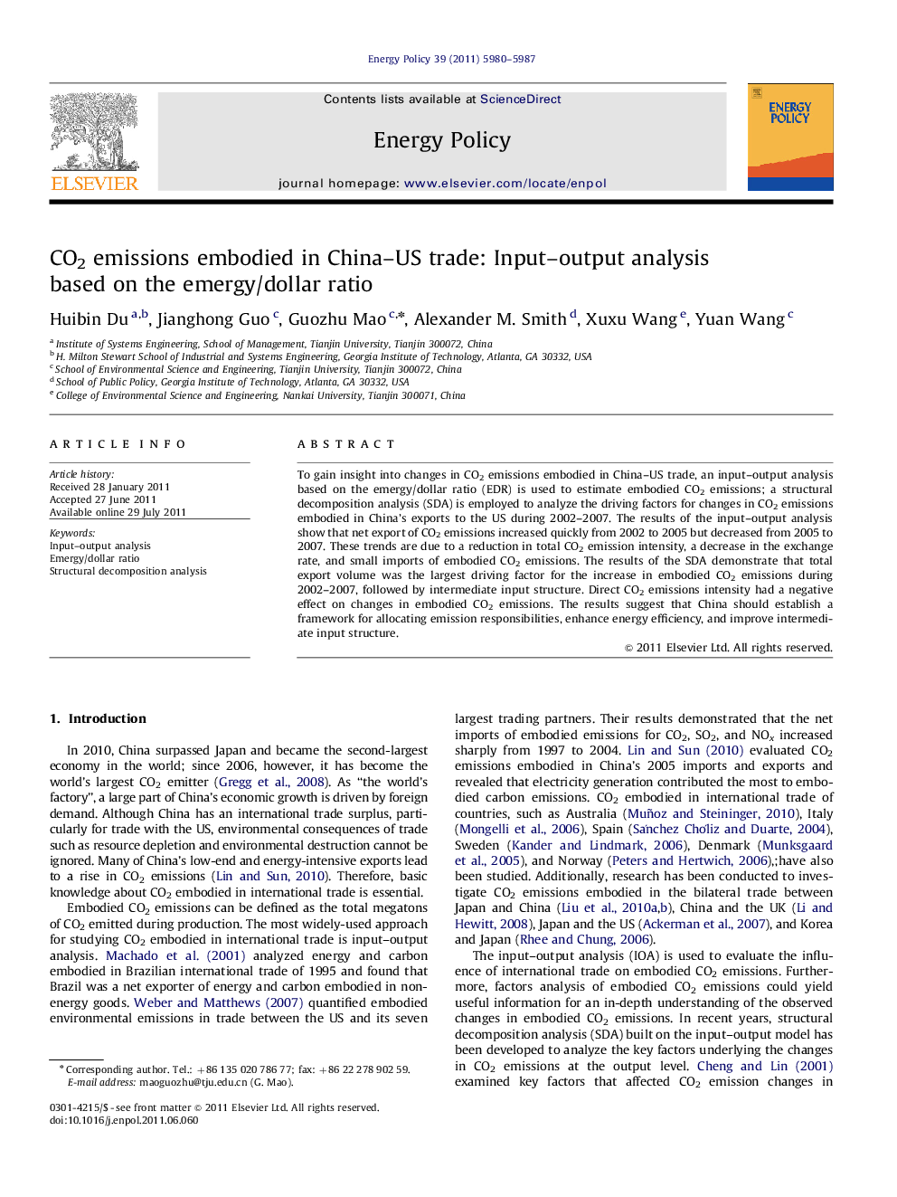 CO2 emissions embodied in China–US trade: Input–output analysis based on the emergy/dollar ratio