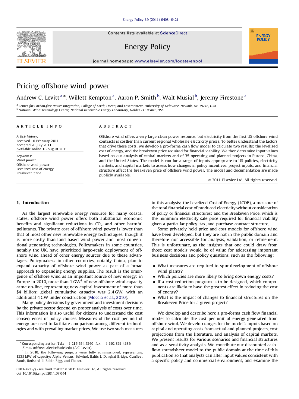 Pricing offshore wind power