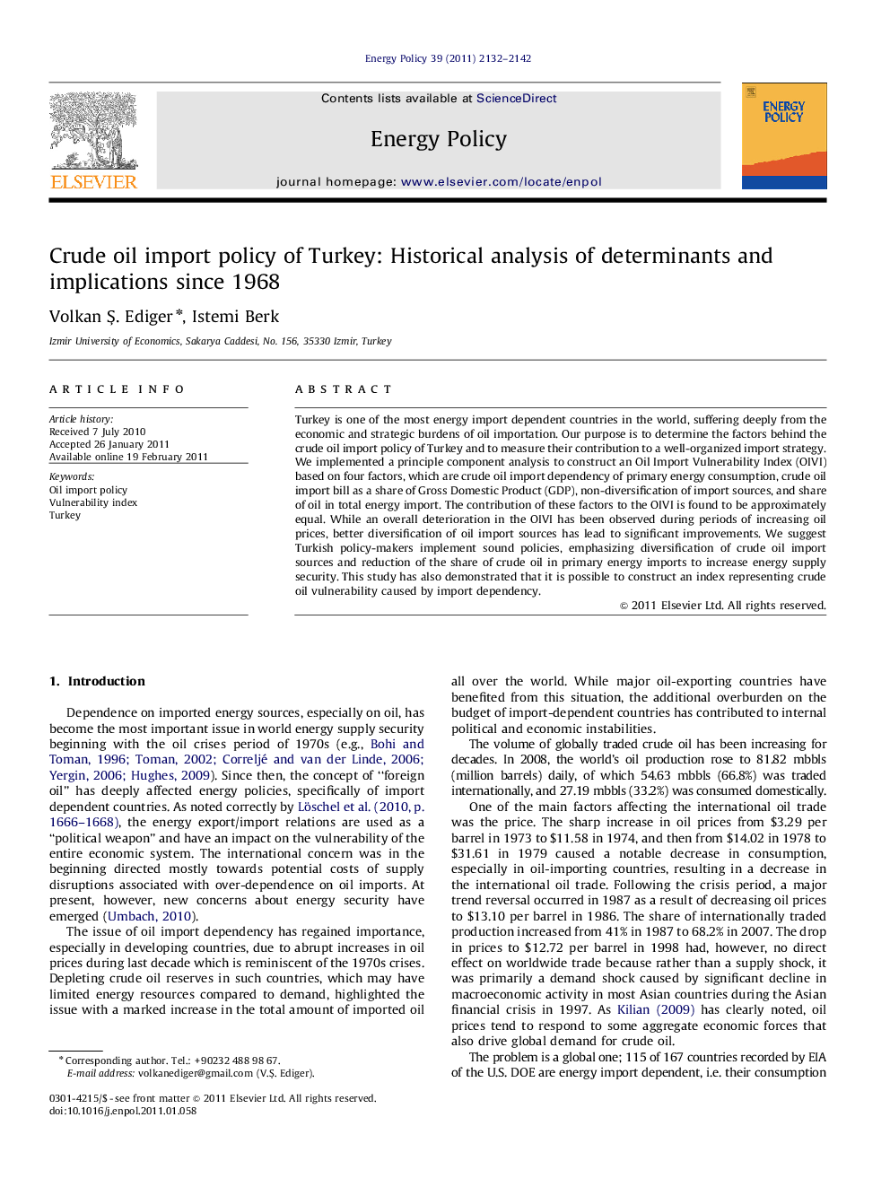 عکس صفحه اول مقاله: Crude oil import policy of Turkey: Historical analysis of determinants and implications since 1968 Crude oil import policy of Turkey: Historical analysis of determinants and implications since 1968