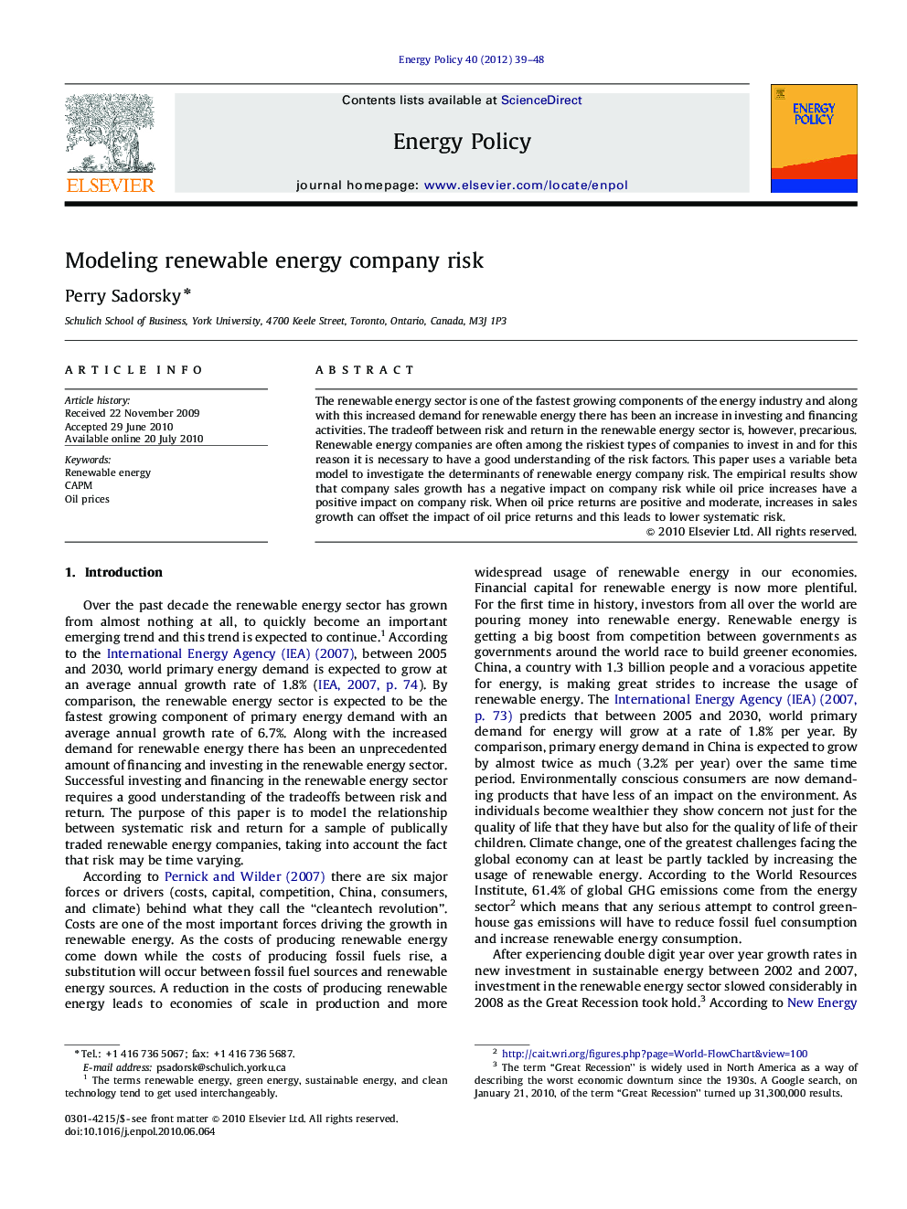 Modeling renewable energy company risk