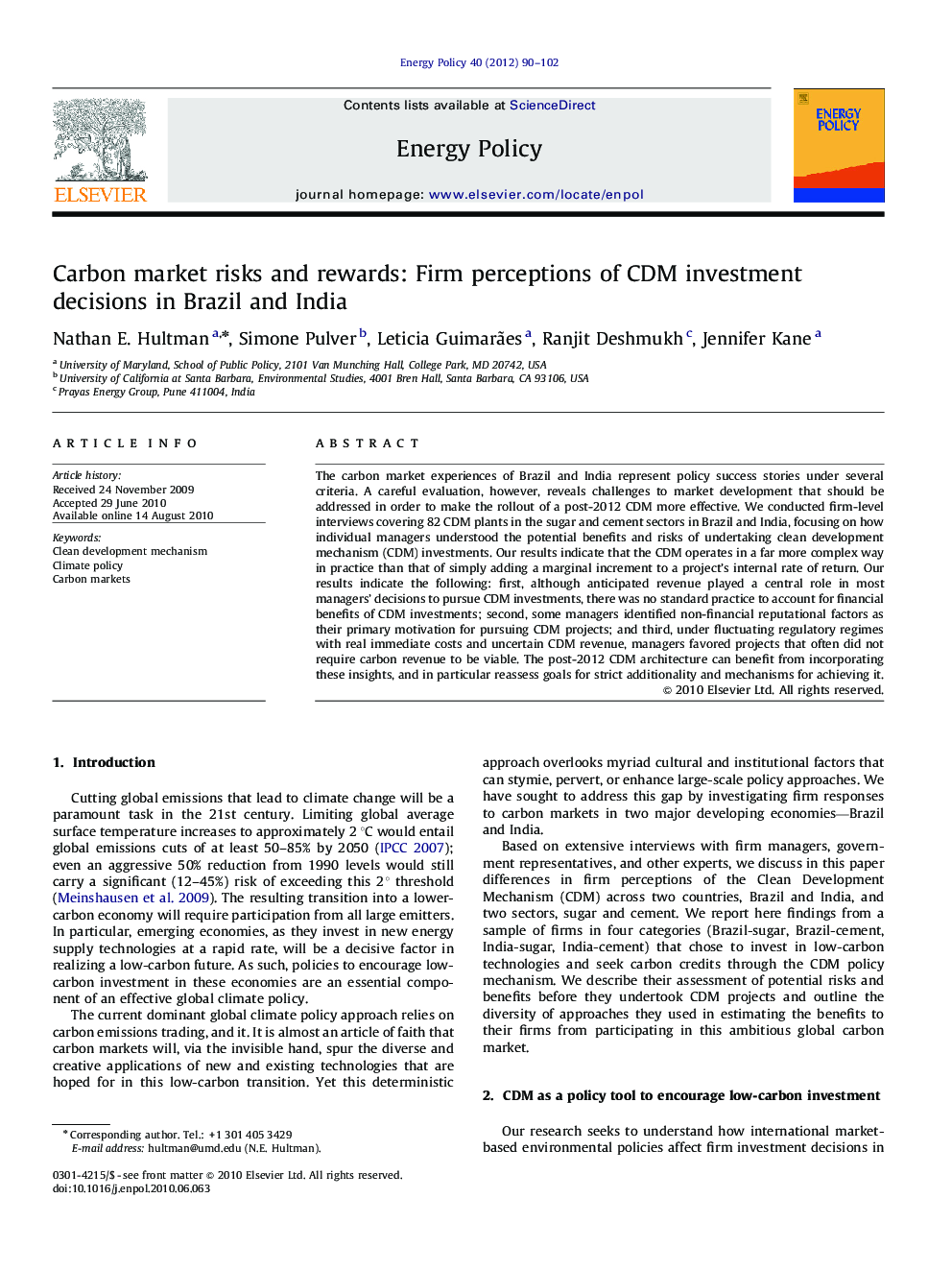 Carbon market risks and rewards: Firm perceptions of CDM investment decisions in Brazil and India