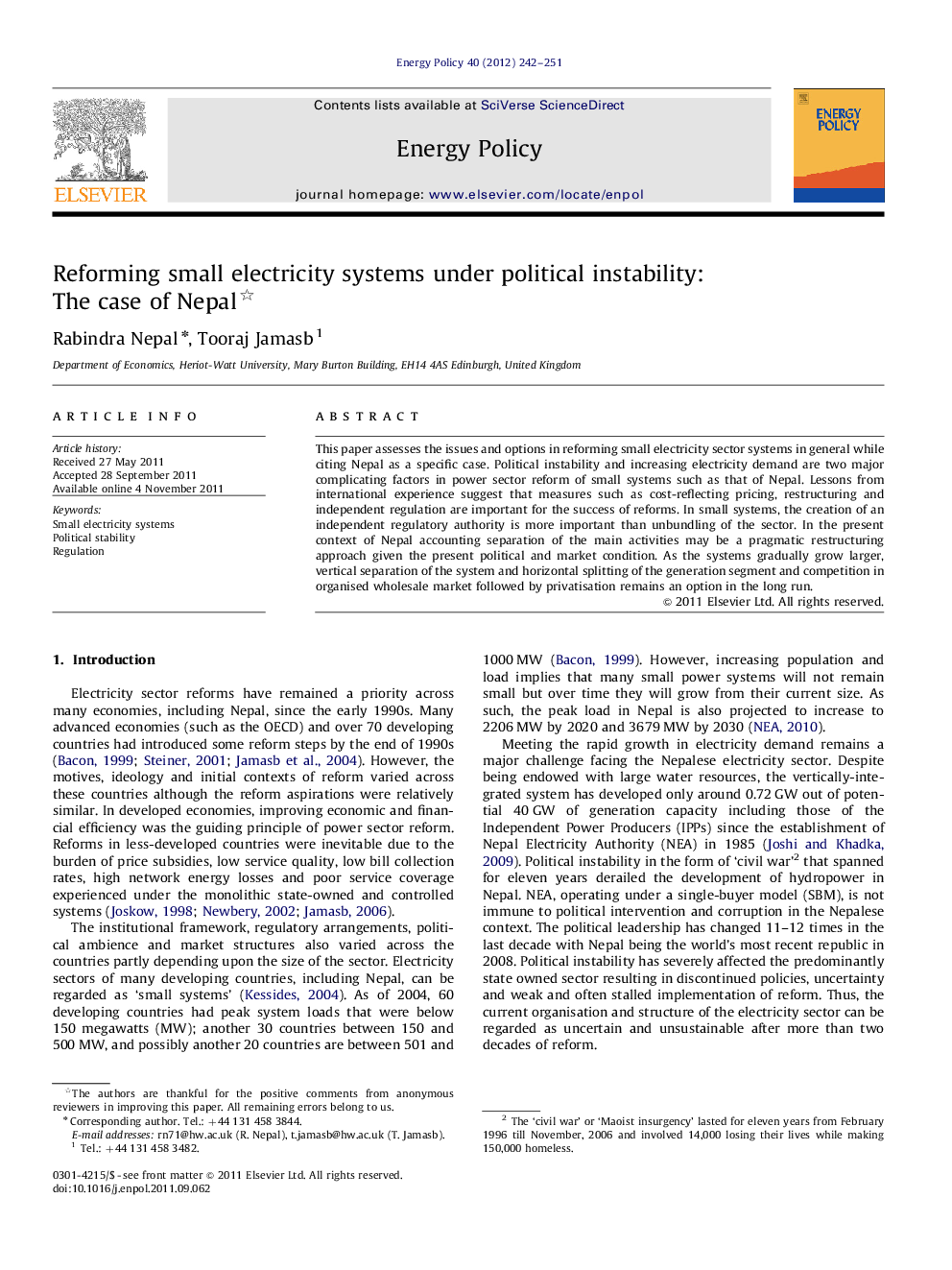 Reforming small electricity systems under political instability: The case of Nepal 