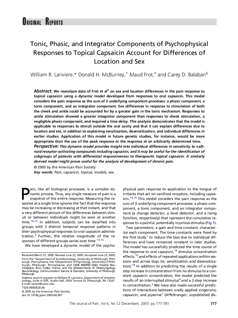 Tonic, Phasic, and Integrator Components of Psychophysical Responses to Topical Capsaicin Account for Differences of Location and Sex
