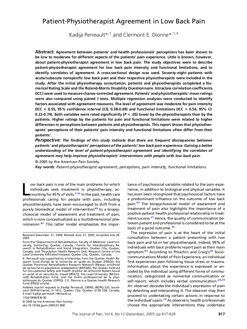 Patient-Physiotherapist Agreement in Low Back Pain