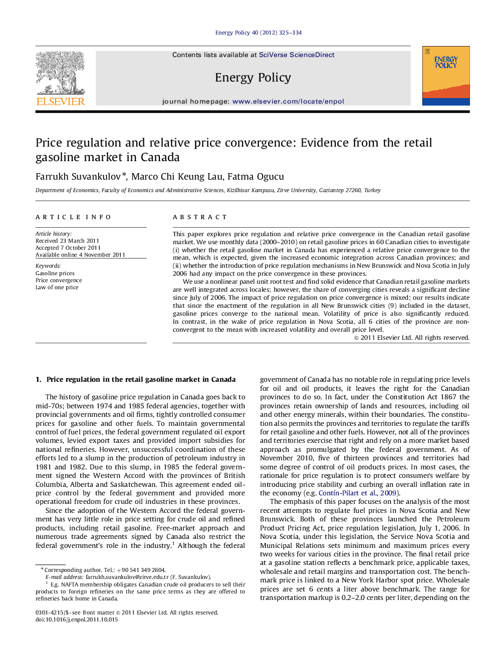 Price regulation and relative price convergence: Evidence from the retail gasoline market in Canada