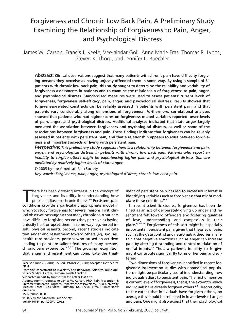 Forgiveness and chronic low back pain: A preliminary study examining the relationship of forgiveness to pain, anger, and psychological distress