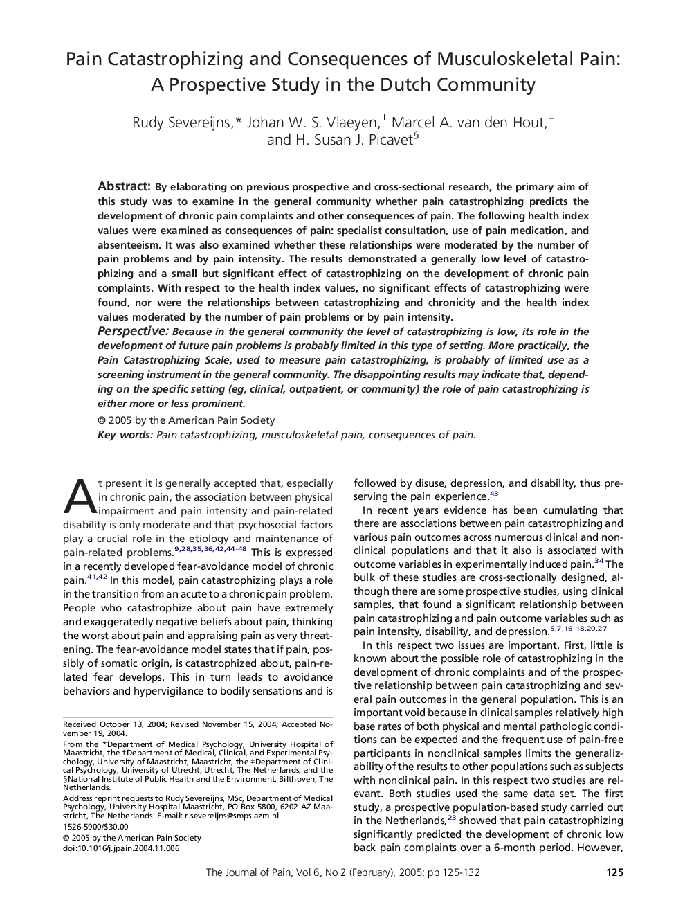 Pain catastrophizing and consequences of musculoskeletal pain: A prospective study in the Dutch community