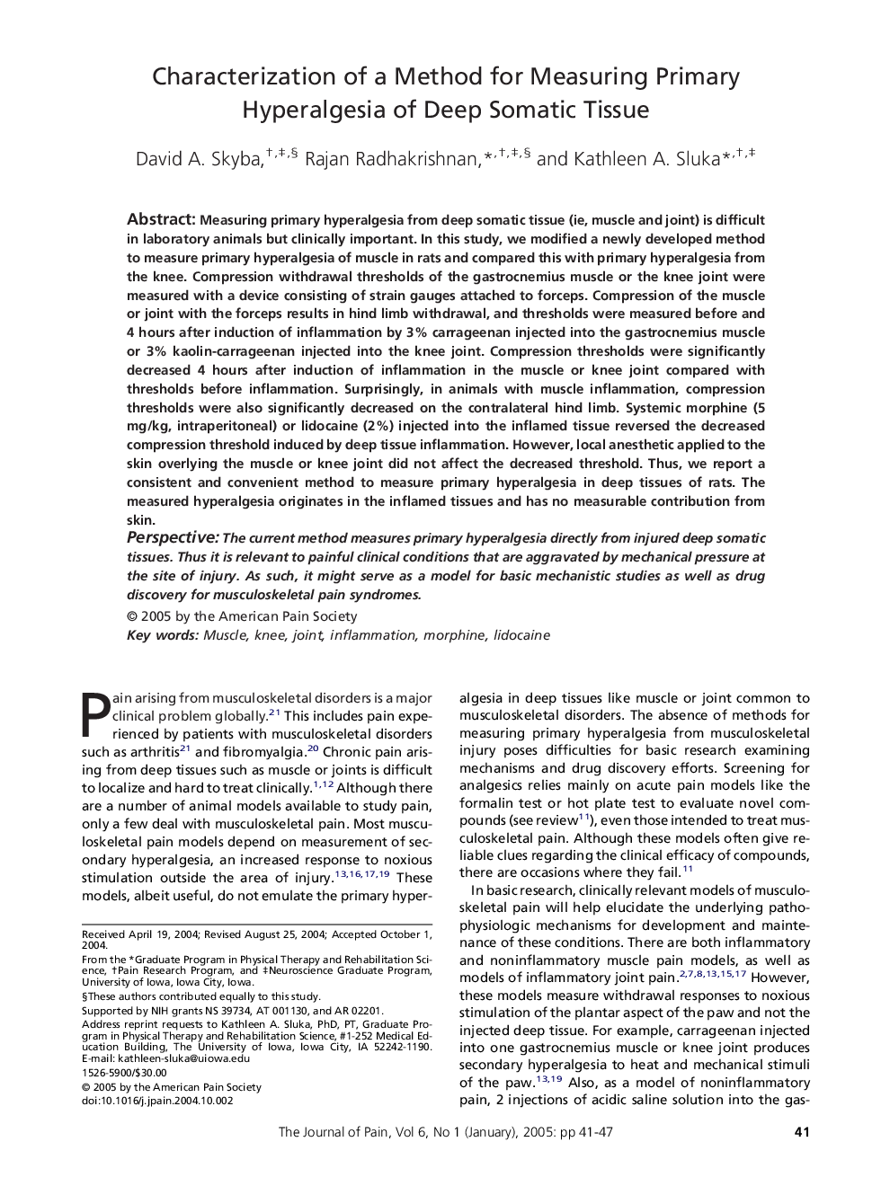 Characterization of a method for measuring primary hyperalgesia of deep somatic tissue